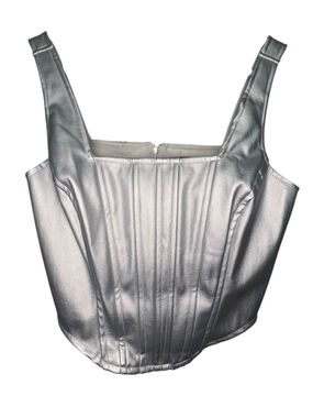 Japna Silver Metallic Corset Square Neck Faux Leather Y2K Tank Top
